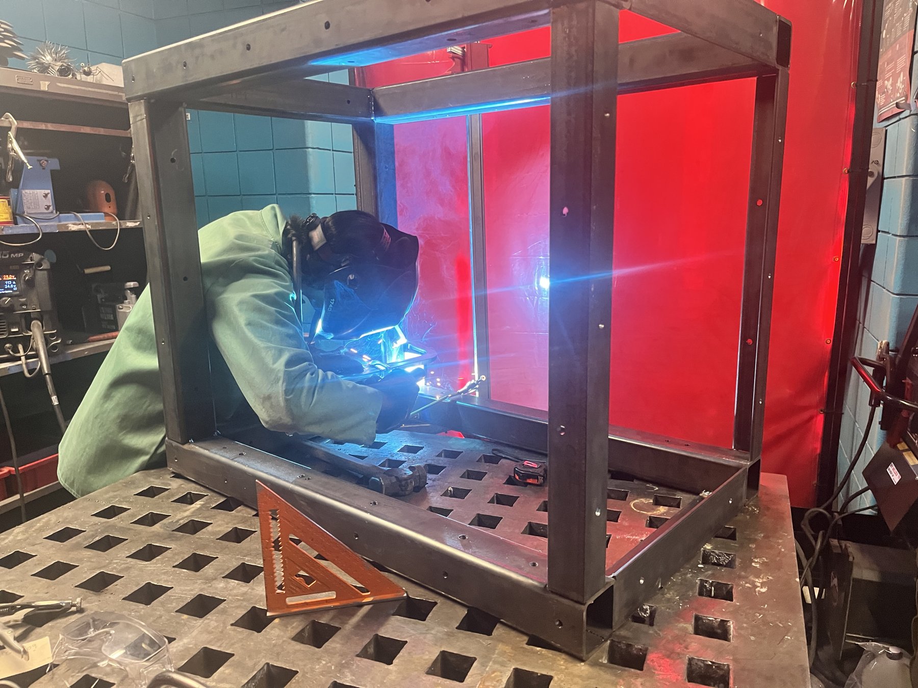 Welding the steel frame in the shop